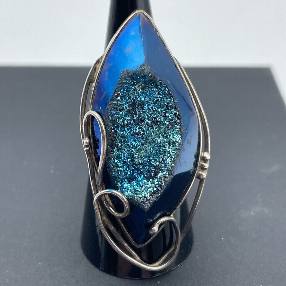 Silver 2" Blue Marquis Druzy Quartz Ring Size 7 Split Shank C Sterling C Mark